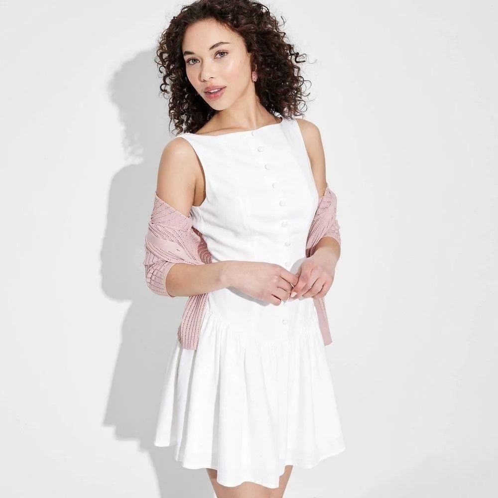 wild fable White Button-Front Mini Dress drop waist